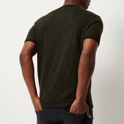 Dark green neck trim slim fit t-shirt